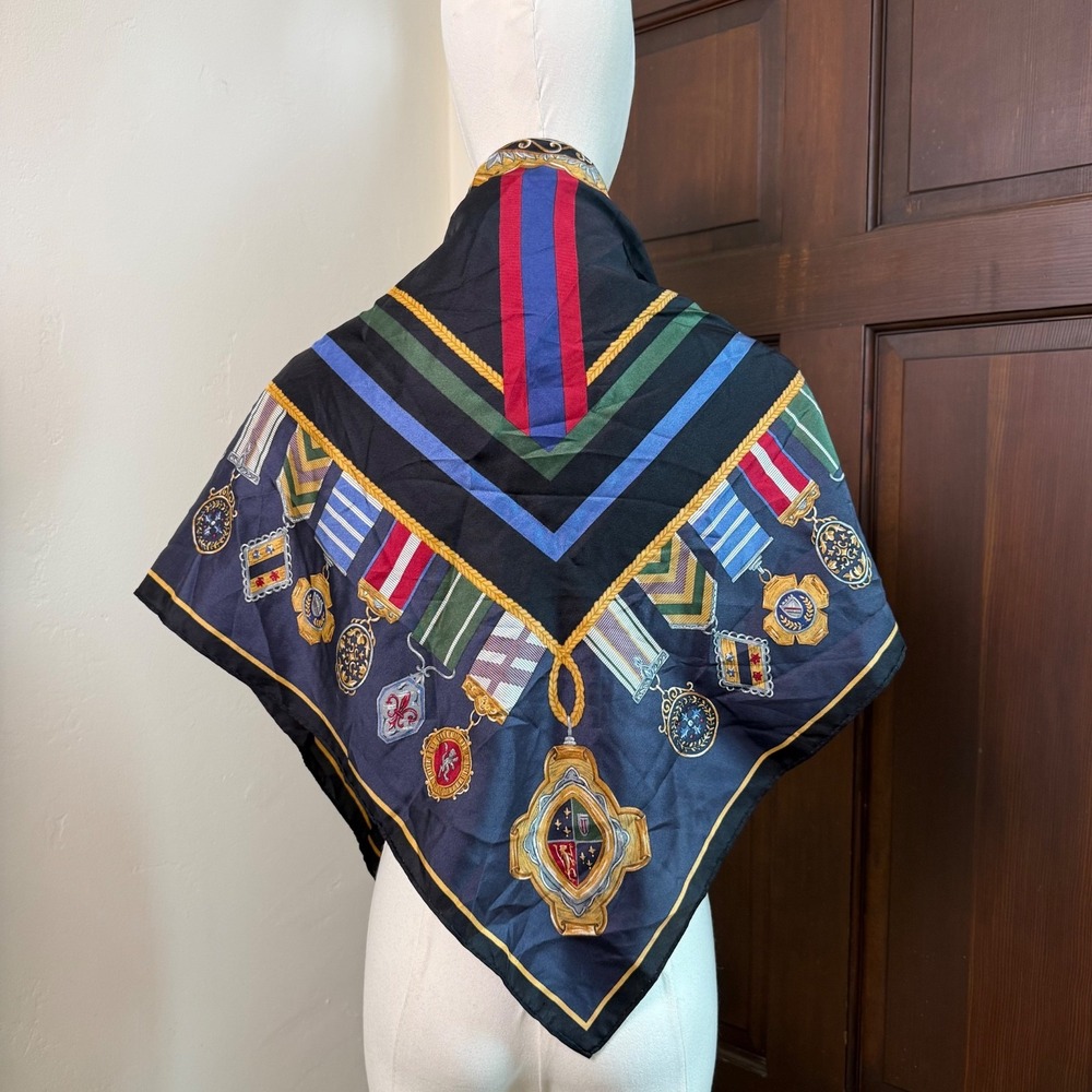 Talbots Silk Scarf Medals Military Honor XL Square | Black Multicolor | 36 x 36